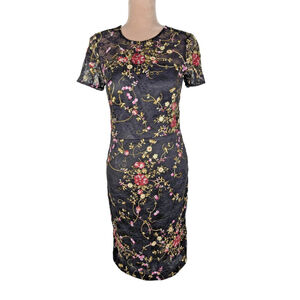 David Meister Embroidered Sheath Dress Black Floral Sz 8 Y2K Whimsygoth Fairy